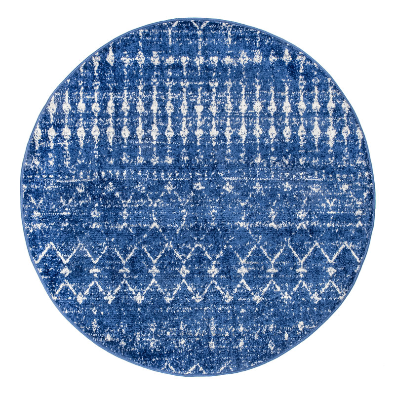 Maslah Geometric Moroccan Power Loom Performance Blue Rug, Round 6'