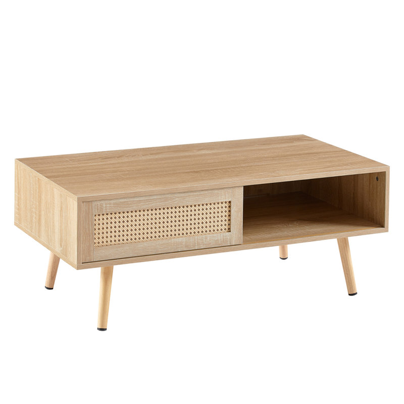 Table basse en rotin de 41,34 po, porte coulissante pour rangement, pieds en bois massif, table de salon moderne, naturel