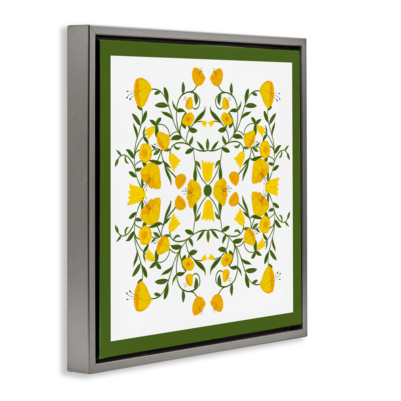  «Golden Blooms Symmetry» par Michelle Ingari Designs, H 18 po x l 18 po, Cadre flottant gris lustré