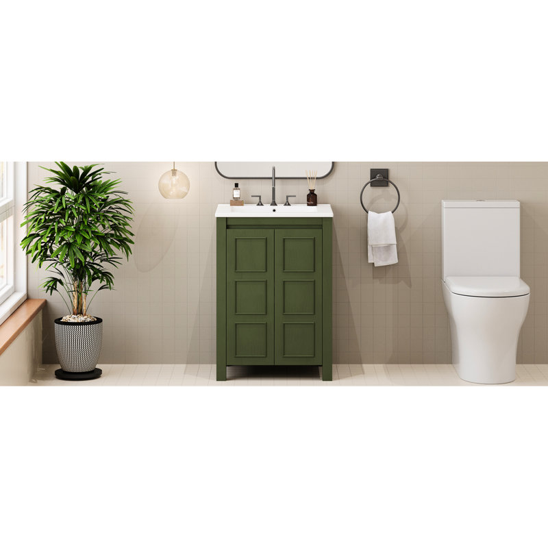 Meuble-lavabo de 24 po avec lavabo en céramique, bois massif et composition, mécanisme à fermeture en douceur, finition facile à nettoyer, entretien