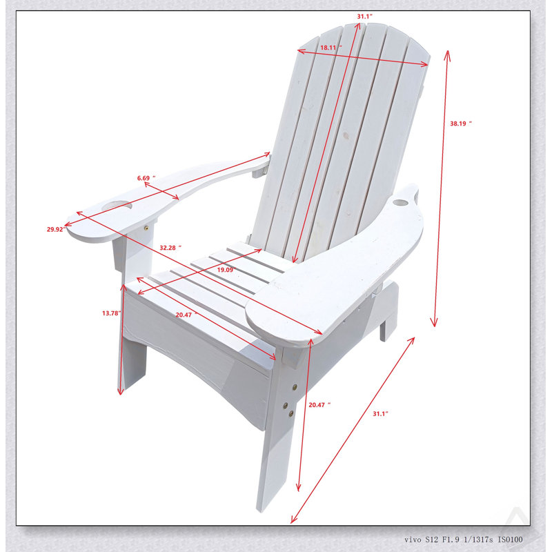 Comfortable Outdoor/Indoor Adirondack Chair With Umbrella Hole, Solid Hardwood, Wide Seats And Armrests, White, White