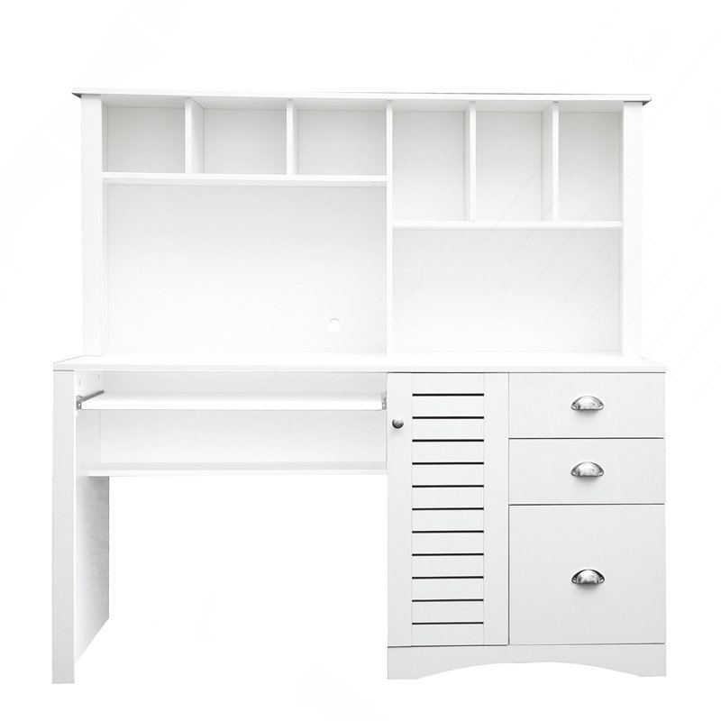 Home Office Computer Desk With Hutch, Antiqued Finish, White