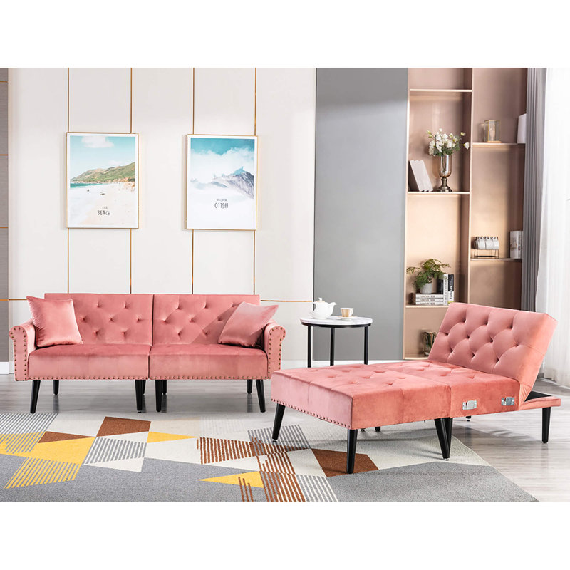 Canapé convertible en velours et repose-pieds, canapé de style Mid-Century, causeuse à 4 places