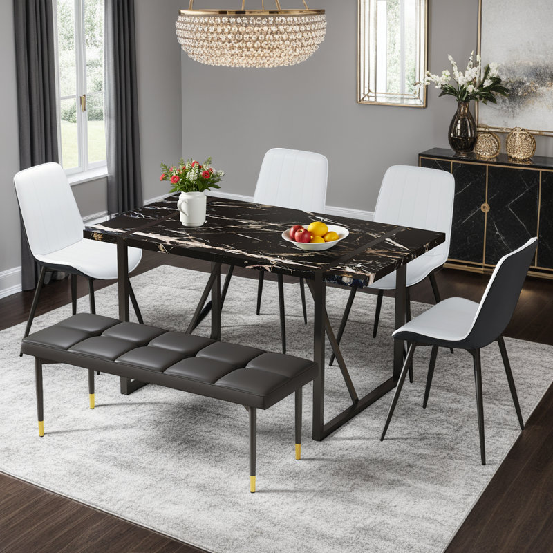 Ensemble de table de salle à manger en marbre noir, table de 55 po avec 4 chaises en polyuréthane et 1 banc pour des espaces de salle à manger élégants
