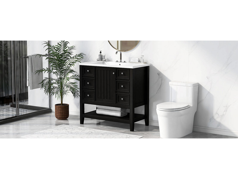 Ensemble de meuble-lavabo 36 po avec lavabo, une armoire et trois tiroirs, bois massif et panneau de fibres à densité moyenne
