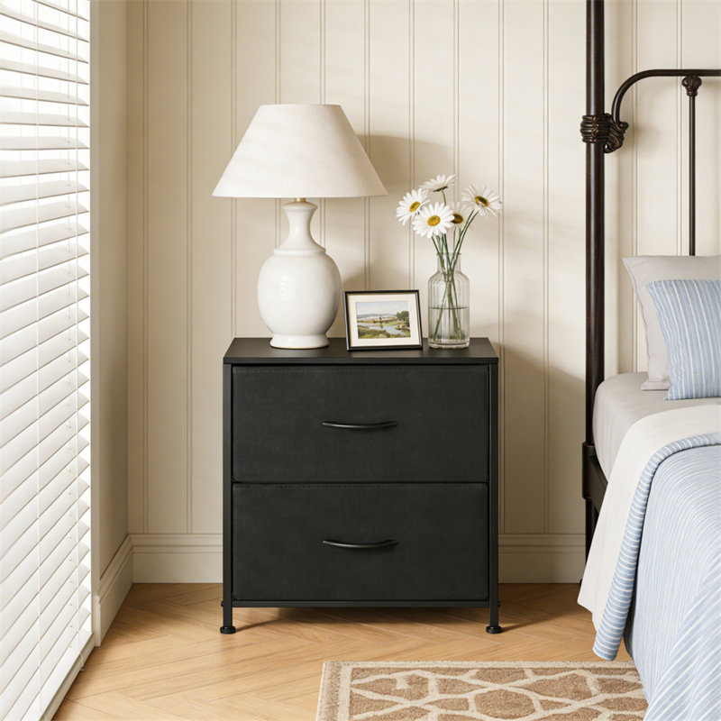 Steel Frame Wooden Top Nightstand with 2 Fabric Drawers
