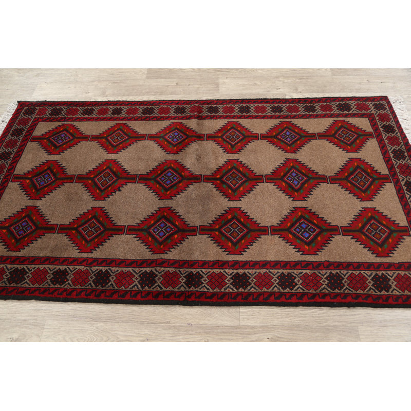Tapis brun / rouge en laine noué à la main de conception unique 3 pi 5 po x 6 pi 2 po Ruckman