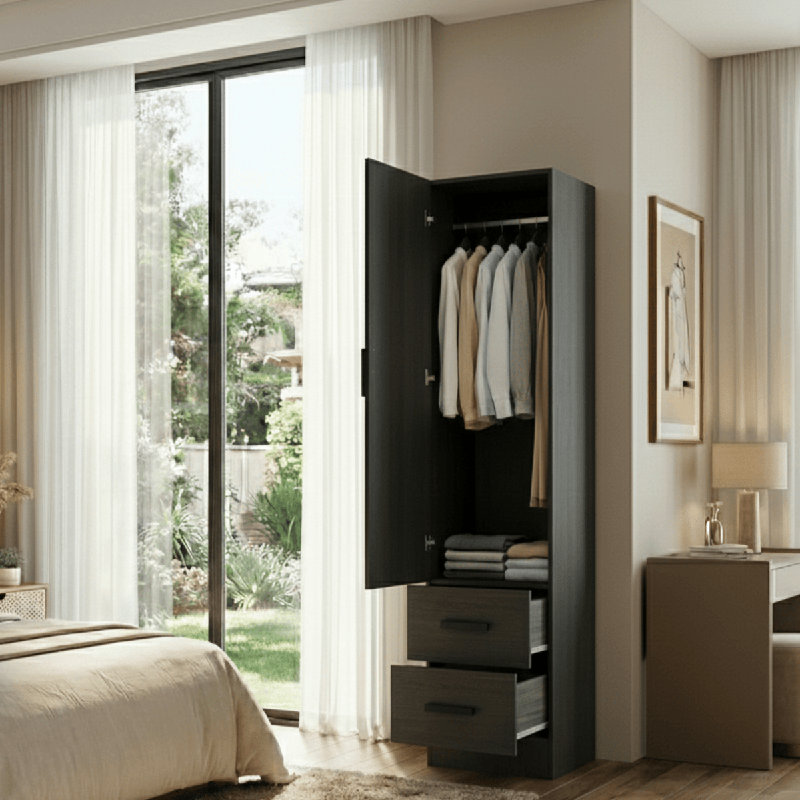  Armoire garde-robe avec 2 tiroirs et une porte pouvant s'ouvrir de la gauche ou de la droite., Noir