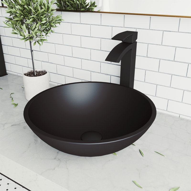 Giovanni Giovanni Round Glass Vessel Bathroom Sink with Faucet, Matte Black, Black Matte Shell