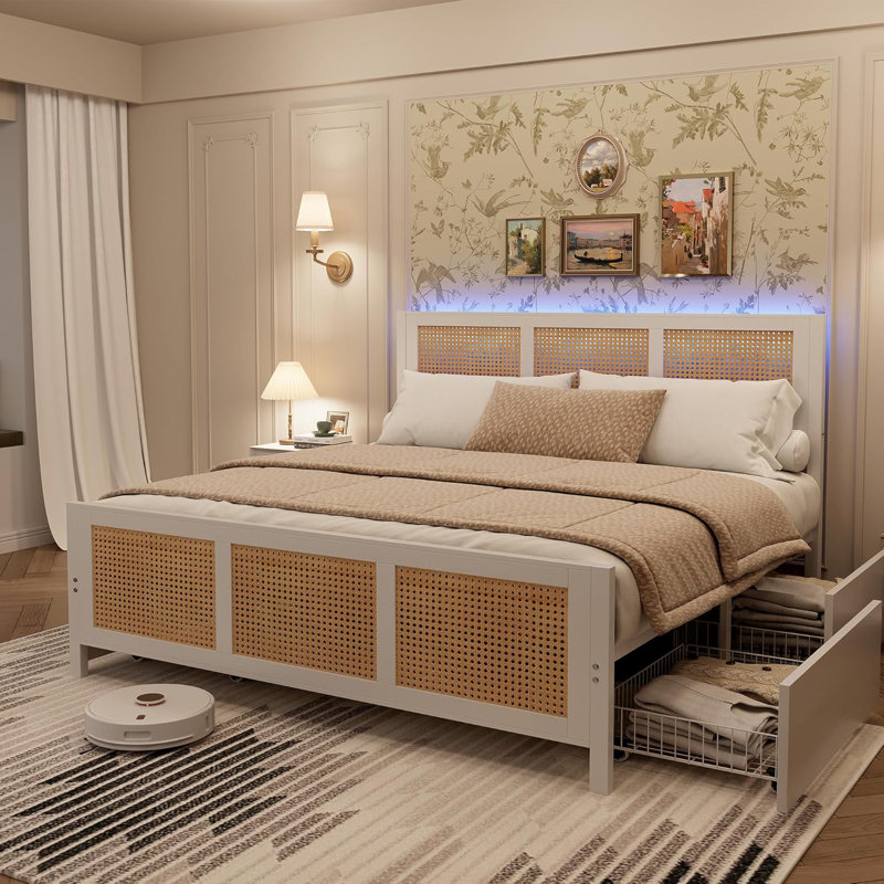 Base de lit plateforme en rotin Boho, double / grand avec tête de lit à DEL 7 couleurs et 4 grands tiroirs de rangement, lattes en métal robuste