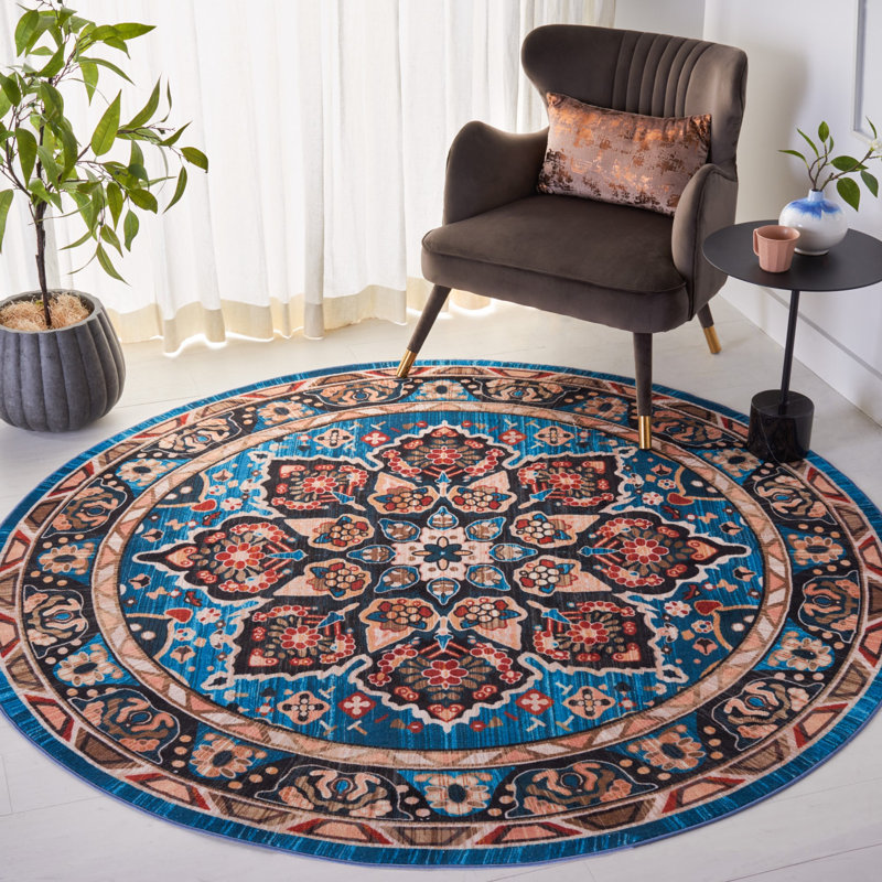 Manado Oriental Blue/Black Area Rug, Round 6'7"