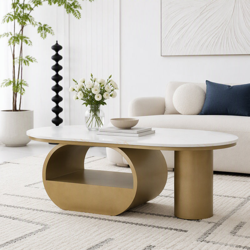 Table basse ovale moderne de luxe avec tiroir de rangement, Doré / Blanc
