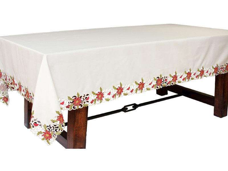 Winter White Embroidered Poinsettia Cutwork Tablecloth 70" x 108"