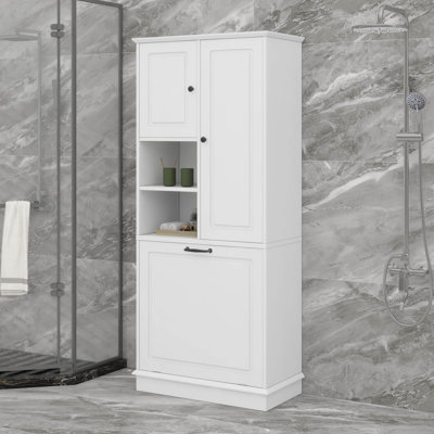 Tall Storage Cabinet With Doors, Adjustable Shelf, And Large Flip-Out Basket