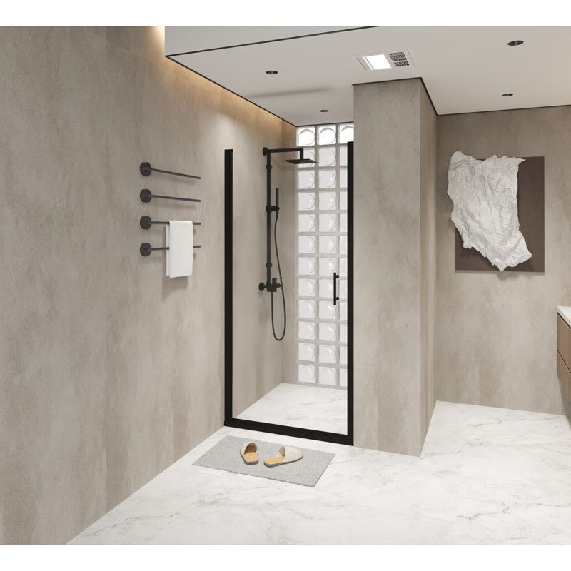 Porte de douche pivotante 34 "x 72", cadre noir mat, demi-cadre, verre trempé