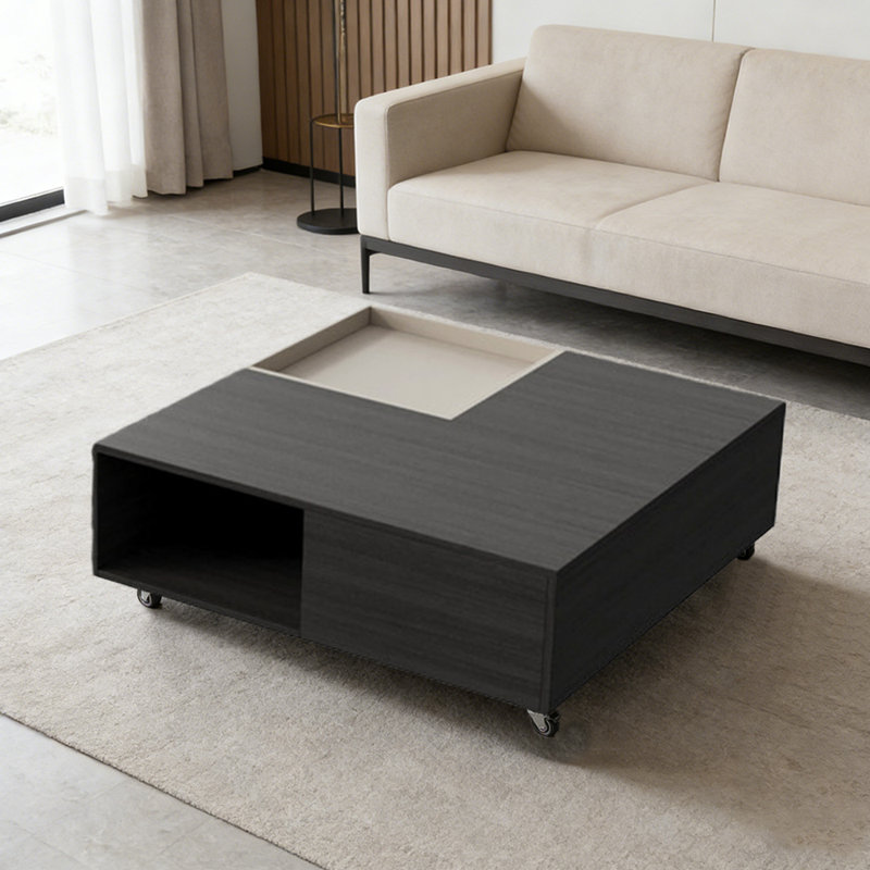 Table basse avec roulettes pour petit appartement, 13.38" H x 39.37" L x 39.37" W, Noir / blanc cassé, Noir