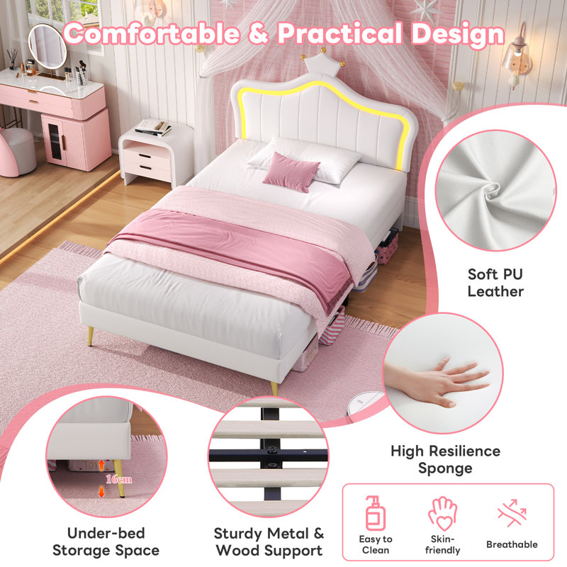 PU Leather Upholstered Bed With LED Adjustable Headboard, Single (103 x 196 cm), Cream White