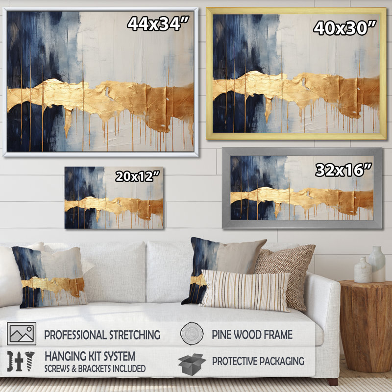 Waves Of Joy Minimal Nova - bleu et or I - peinture abstraite, art mural, H 30 po x l 40 po x P 1,5 po, Cadre flottant doré
