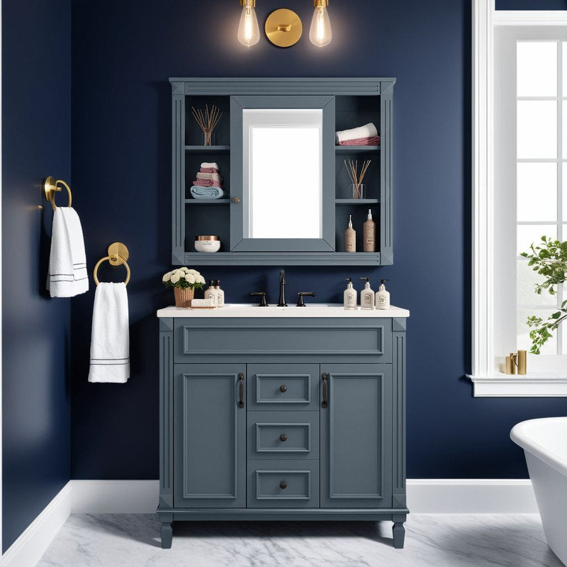 35" Bathroom Vanity Set w/ ?Mirror Cabinet - ?Soft-Close Drawers & ?Triple Storage, White, Black