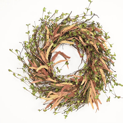 24" Artificial Farmhouse Twig Leaves Wheat Berry Fall Wreath for Front Door Thanksgiving Day Decor