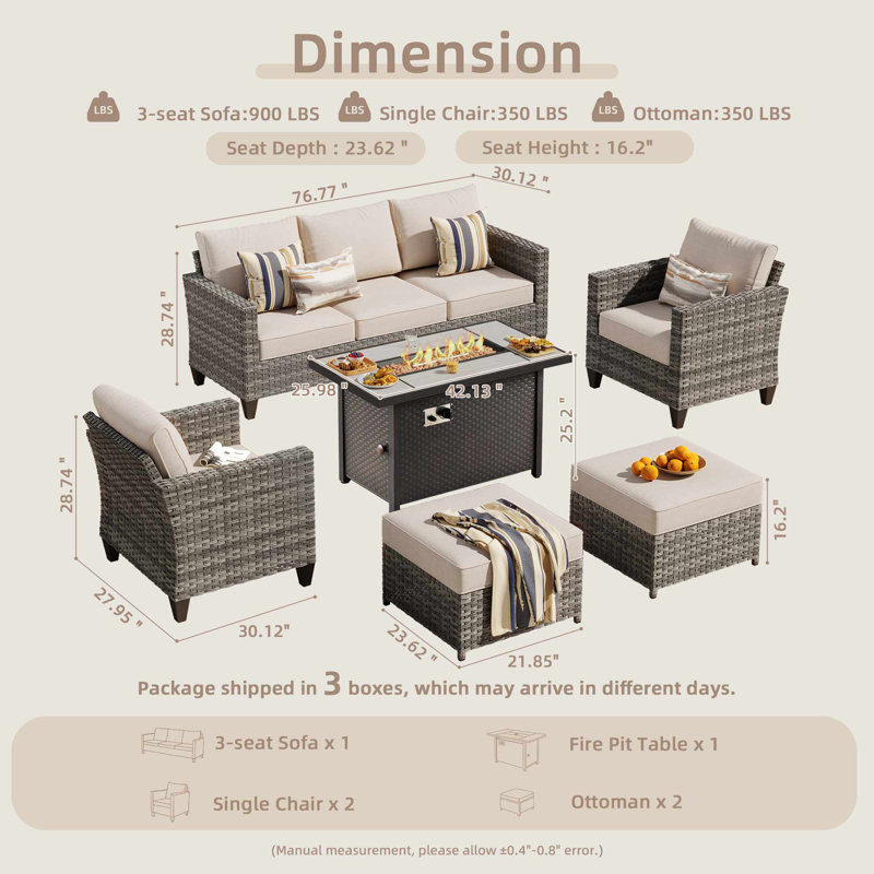 7 - Person Patio Furniture Set With Chairs, Outdoor Wicker Rattan Seating Group With Cushions, All Weather Sofa Conversation Set With Fire Pit Table For Garden Backyard