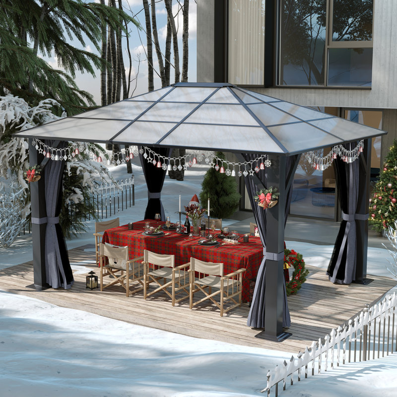 10' x 12' Gray Steel Hardtop Gazebo with Curtains and Netting
