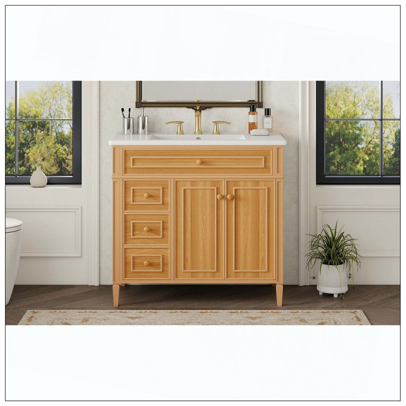 Tiroirs de meuble-lavabo en bois avec poignées en bois d'hévéa