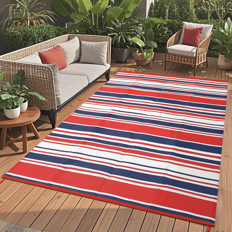 Large Outdoor Rug, Waterproof Reversible Plastic Mat – Modern Striped, UV-Resistant, Easy Clean, For Patio, Deck, Camping, RV, Porch, Red/Navy Blue/White, 10x14ft (305x427cm)