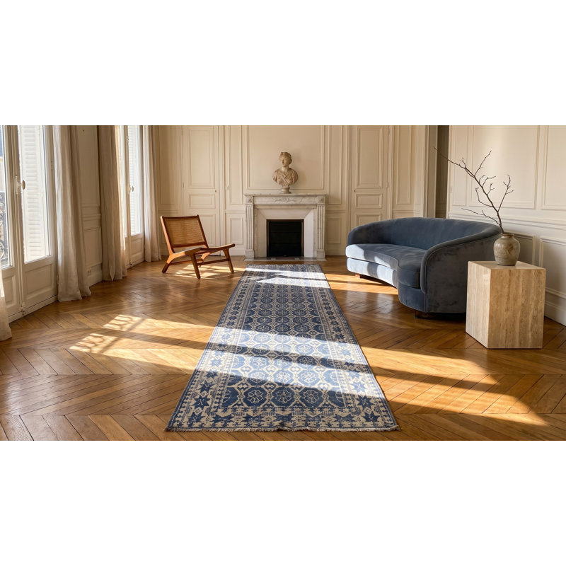 Hand Knotted Cotton Area Rug in Blue