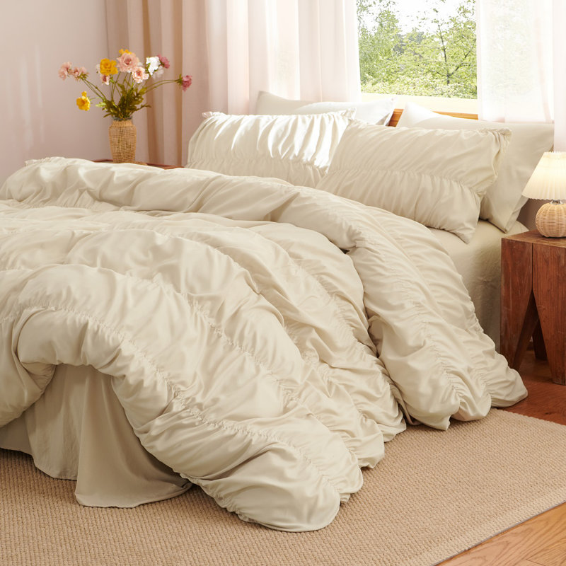 Nayoroom 3 Pieces Ruched Duvet Cover Set Bed Set Boho Bedding Set For Bedroom Soft Fluffy Ruffle Comforter Cover Set With Pillowcases