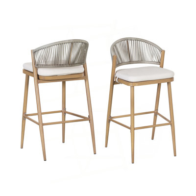 Tabourets de bar d'extérieur à structure en aluminium à hauteur de siège de 30,25 po avec dossier en forme de feston en rotin PE, ensemble de 2