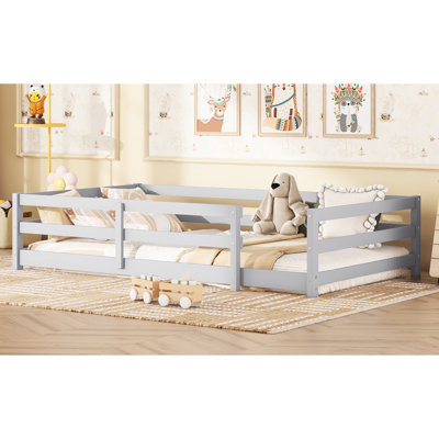 Lit simple, bois de pin, lit de plancher, clôture, gris, aire de jeu et de sommeil, structure solide, pin à assemblage rapide, lit simple, garde-corps de 15,7 po, lit sans sommier, utilisation polyvalente