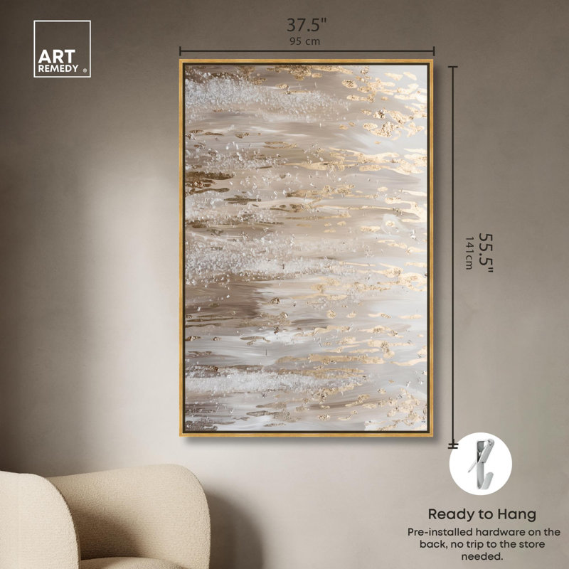 Rouille, plaie, toile, or abstrait élégant par Art Remedy, H 55 po x l 37 po, Cadre doré