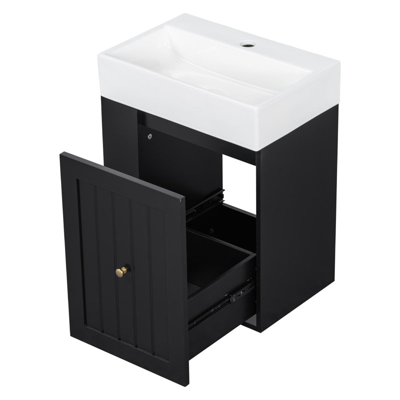 Meuble-lavabo mural 20 po avec lavabo, tablettes ouvertes et tiroirs, Noir