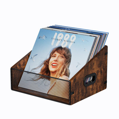 Vinyl Record Storage Holder, Trapezoidal LP Vinyl Record Crate With Handle, Wood & Metal Album Storage Desktop Organizer Box For Books Files, Rustic B -  17 Stories, 9E08A40DBDA543C999833CC0A1E9E05C