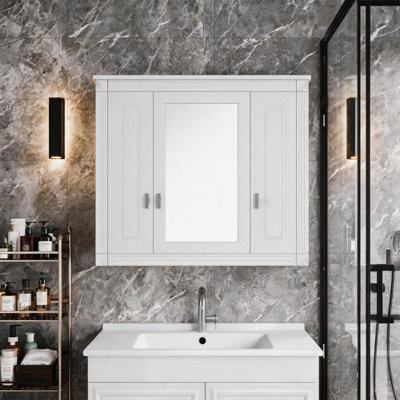 Wall Mounted Bathroom Medicine Cabinet with Mirror Doors, 5 Adjustable Shelves, White Over Toilet Storage Cabinet