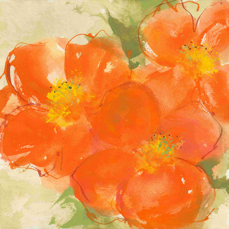 «Tangerine Poppies II» par Chris Paschke - peinture sur toile tendue, Toile tendue, H 12 po x l 12 po, Non