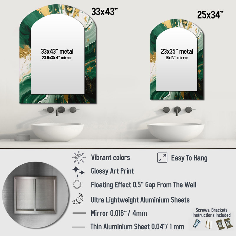 Green and Gold Liquid Magic I - Abstract Asymmetrical Decorative Wall Mirror, Modern Arch Mirror, Printed Metal Art