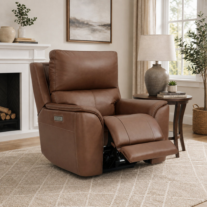 Fauteuil inclinable triple électrique en cuir véritable avec appui-tête et soutien lombaire à gravité zéro, Marron clair