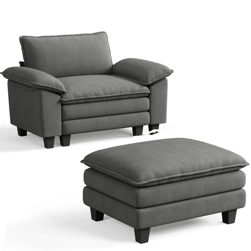 Colbey 56" Corduroy Sofa Chair With Ottoman, Lena Gray Corduroy