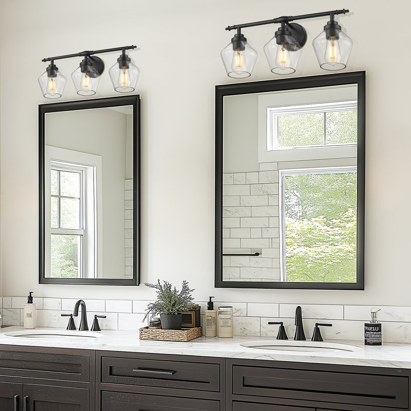 Meuble-lavabo à 3 lumières avec abat-jour en verre transparent, noir, Noir mat, Trois lumières
