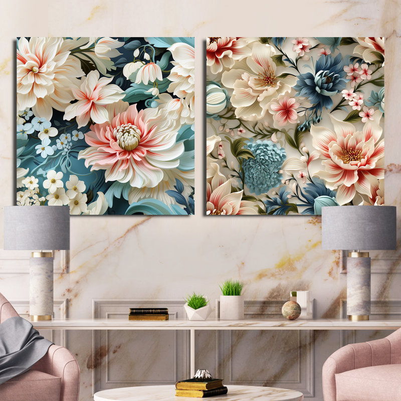 Rose et blanc motif cachemire de jardin - Ensemble de 2 collages carrés botaniques abstraits, Toile tendue, H 36 po x l 73 po
