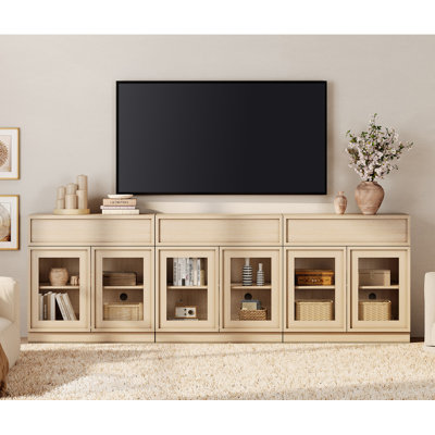 Modern TV Stand for TVs Up to 40", Wooden Entertainment Center TV Console with 6 Glass Doors and Drawers, Media Console Cabinet with Adjustable Shelf for Living Room, Bedroom
