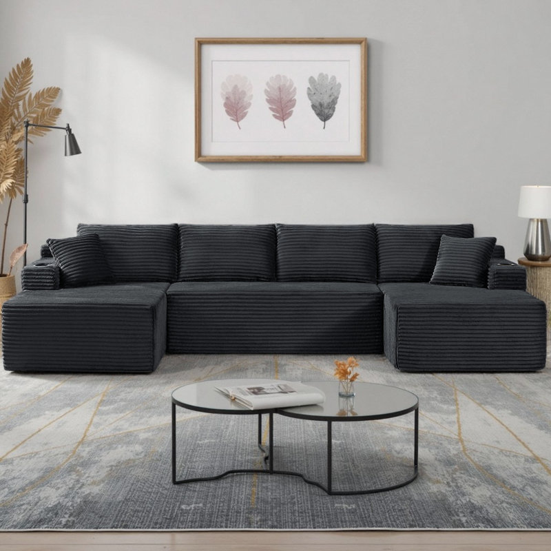 Canapé modulaire en forme de U Boneless, Velours côtelé gris foncé