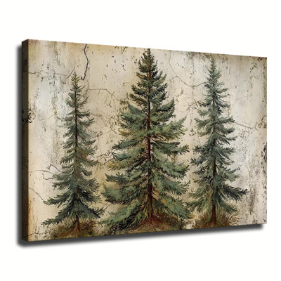 Tableau vintage encadré représentant un trio de pins sur toile, prêts à accrocher, pour salon, chambre ou décoration intérieure.