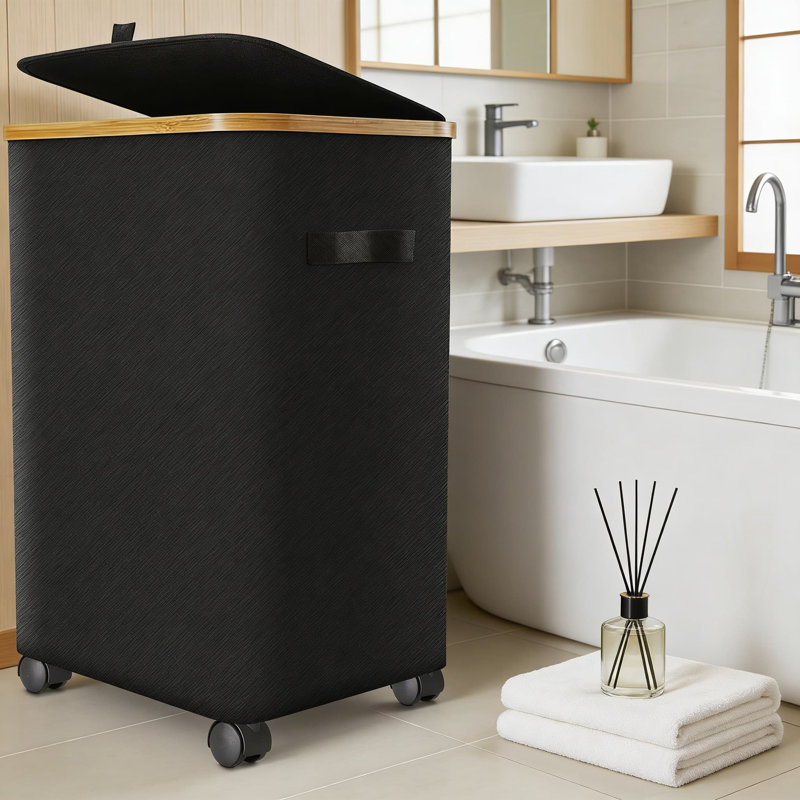 Rolling Laundry Hamper With Wheels And Lid - Foldable Clothes Basket With Reinforced Bamboo Frame, Breathable Oxford Fabric, And Locking Brakes For Effortless Mobility And Storage