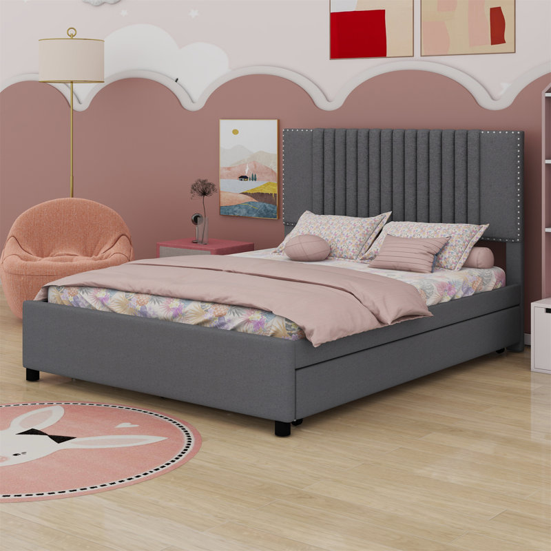 Full Size Bed With Twin Size Trundle, gris, Grand
