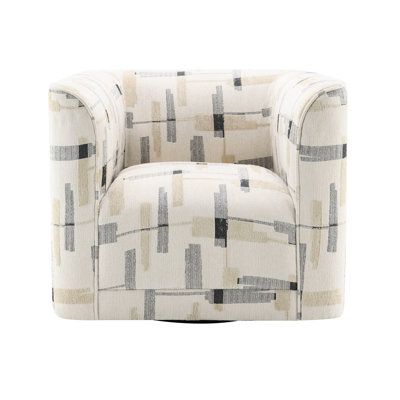 Chaise pivotante rembourrée en tissu beige avec siège d'une hauteur de 18 po et accoudoirs de 28 po et contreplaqué