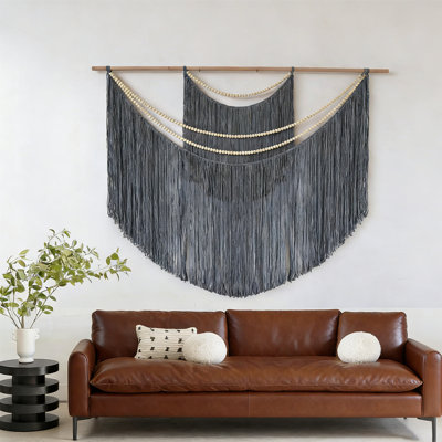 Oversized Handmade Macrame Ameah 57"X46" - Bohemian Cotton Rope Art With Wooden Beads & Fringe For Large Wall, Bedroom, Living Room, Nursery Decor