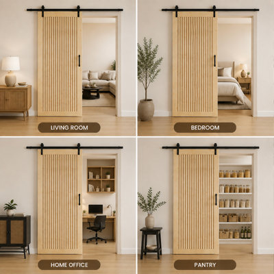 Porte de grange coulissante à panneau de lattes en bois - La porte intérieure en bois massif comprend la trousse de quincaillerie d'installation (assemblage requis)